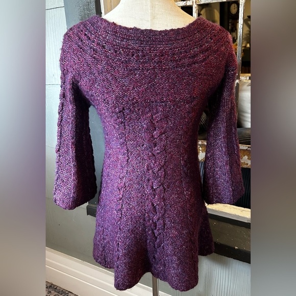 Free People Women Size XS Purple Cable Knit 3/4 Bell Sleeve Tunic Sweater Dress